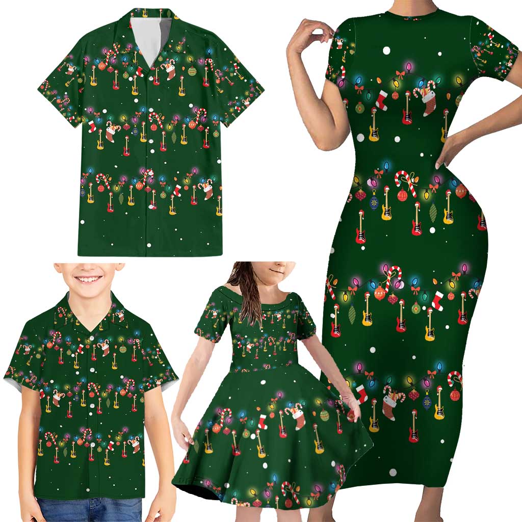 Ornaments on Green Snowy Background Family Matching Short Sleeve Bodycon Dress and Hawaiian Shirt with Electric Guitars Santa Candy Canes - Wonder Print Shop