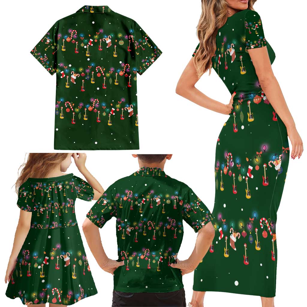 Ornaments on Green Snowy Background Family Matching Short Sleeve Bodycon Dress and Hawaiian Shirt with Electric Guitars Santa Candy Canes - Wonder Print Shop