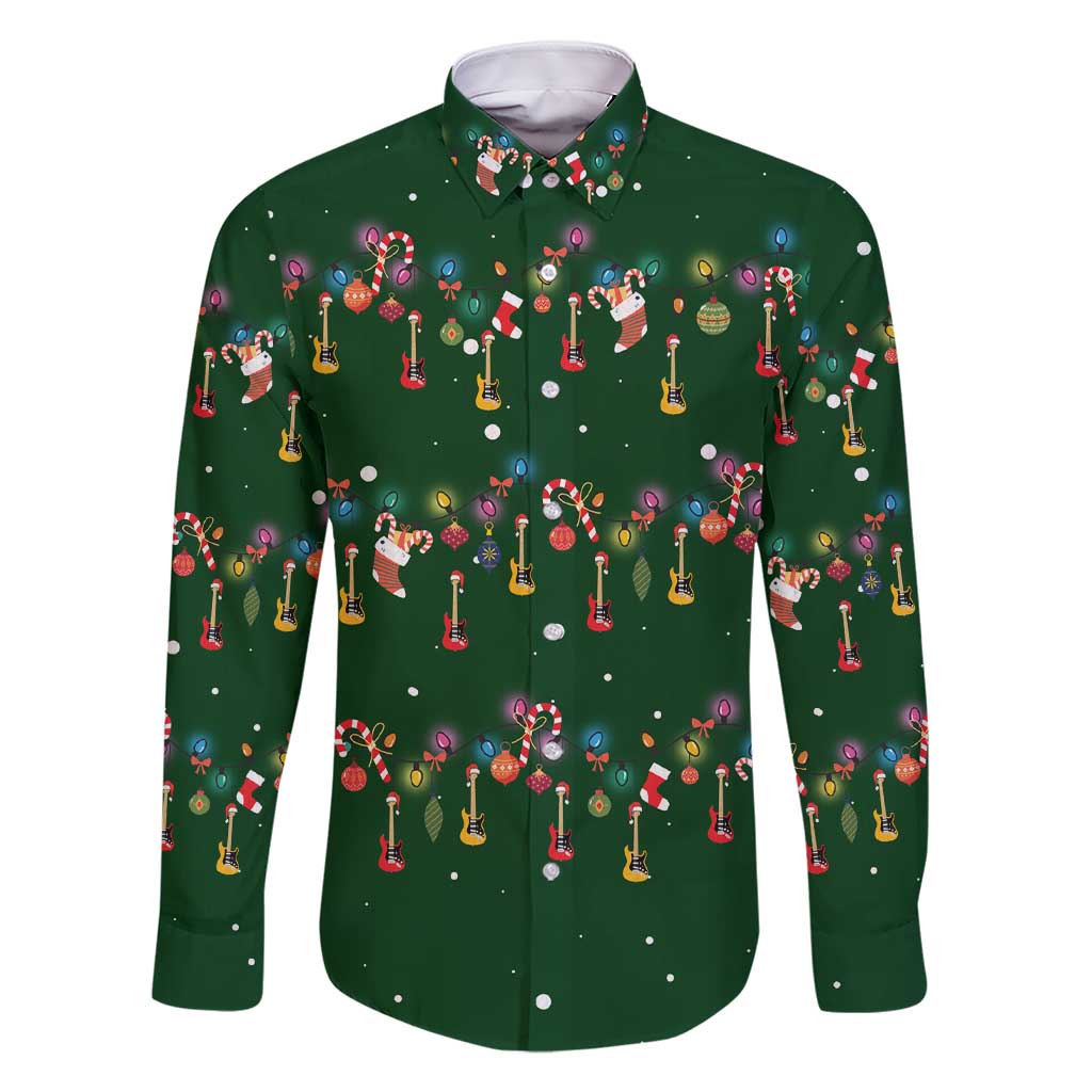 Ornaments on Green Snowy Background Family Matching Short Sleeve Bodycon Dress and Hawaiian Shirt with Electric Guitars Santa Candy Canes - Wonder Print Shop