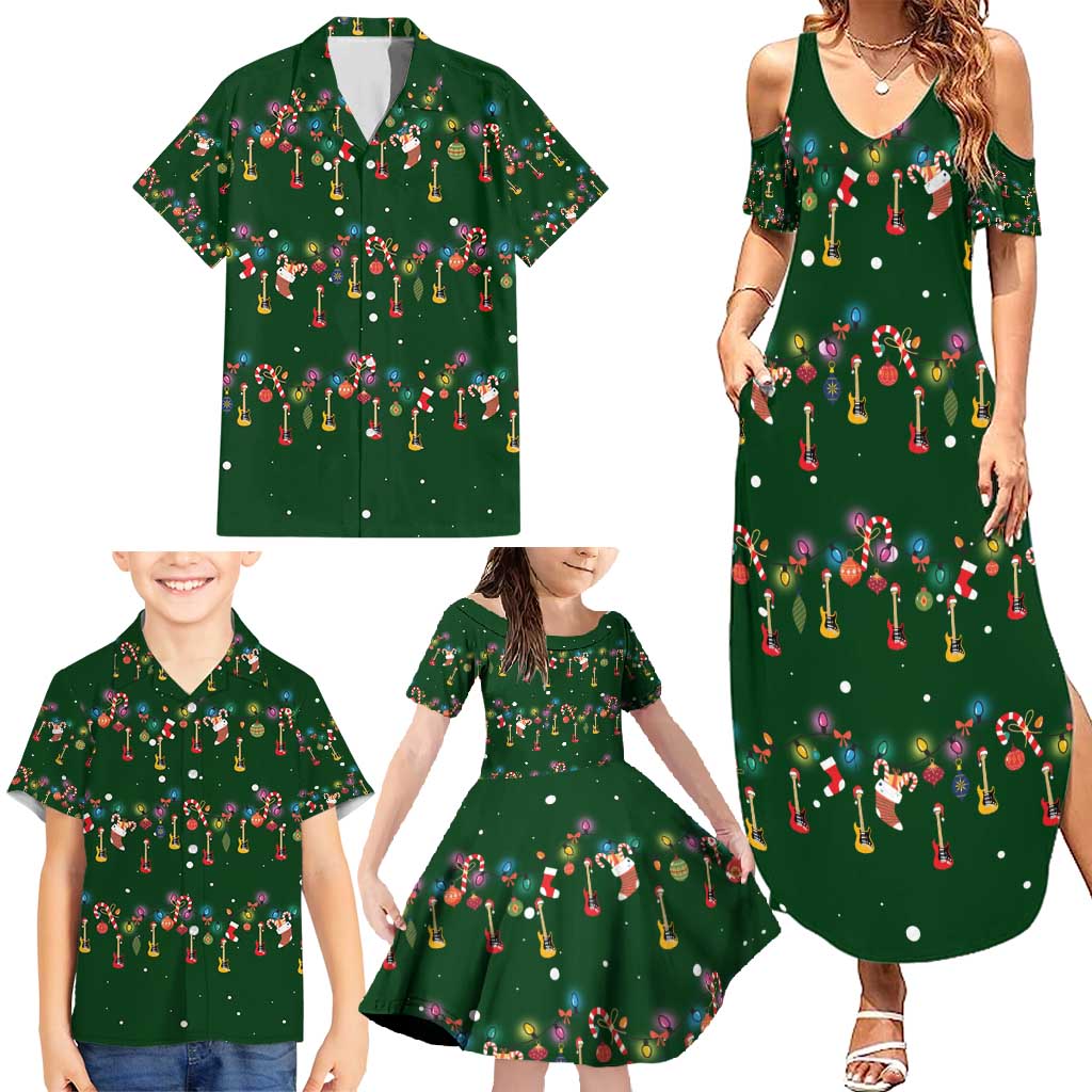 Ornaments on Green Snowy Background Family Matching Summer Maxi Dress and Hawaiian Shirt with Electric Guitars Santa Candy Canes - Wonder Print Shop