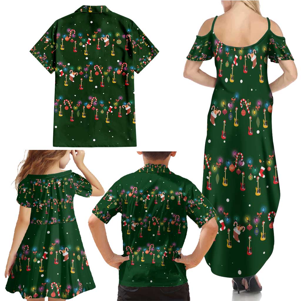 Ornaments on Green Snowy Background Family Matching Summer Maxi Dress and Hawaiian Shirt with Electric Guitars Santa Candy Canes - Wonder Print Shop