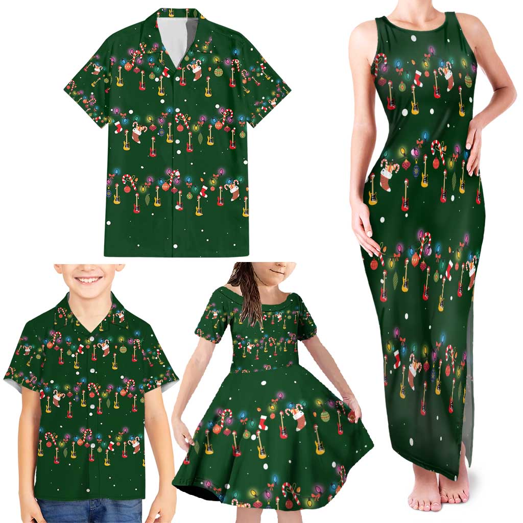 Ornaments on Green Snowy Background Family Matching Tank Maxi Dress and Hawaiian Shirt with Electric Guitars Santa Candy Canes - Wonder Print Shop