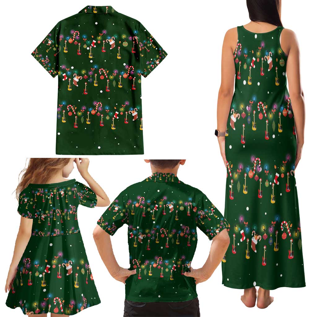 Ornaments on Green Snowy Background Family Matching Tank Maxi Dress and Hawaiian Shirt with Electric Guitars Santa Candy Canes - Wonder Print Shop