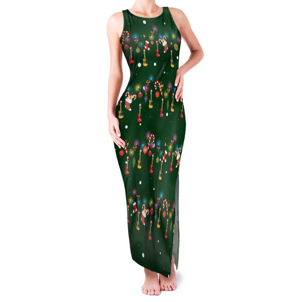 Ornaments on Green Snowy Background Family Matching Tank Maxi Dress and Hawaiian Shirt with Electric Guitars Santa Candy Canes - Wonder Print Shop