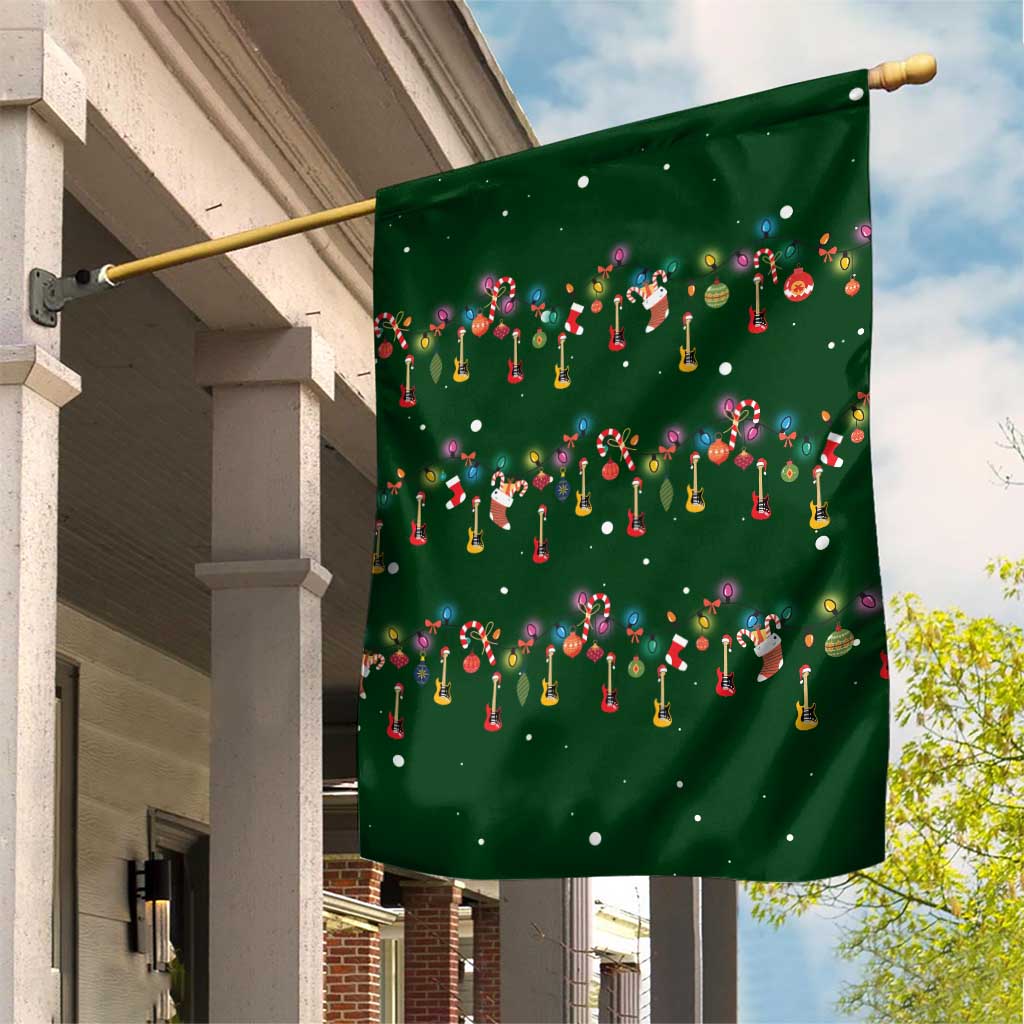 Ornaments on Green Snowy Background Garden Flag with Electric Guitars Santa Candy Canes - Wonder Print Shop