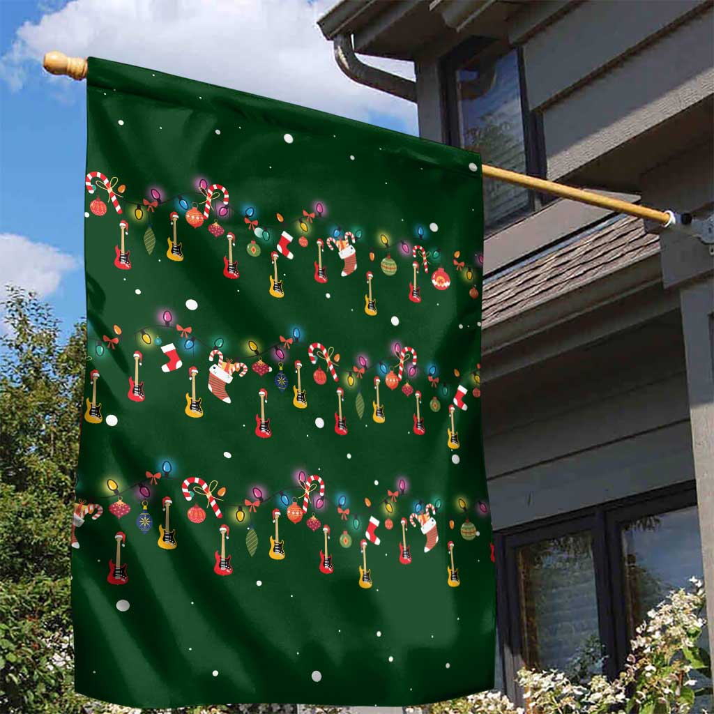 Ornaments on Green Snowy Background Garden Flag with Electric Guitars Santa Candy Canes - Wonder Print Shop