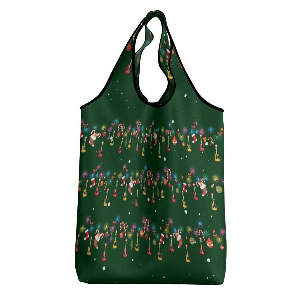 Ornaments on Green Snowy Background Grocery Bag with Electric Guitars Santa Candy Canes - Wonder Print Shop