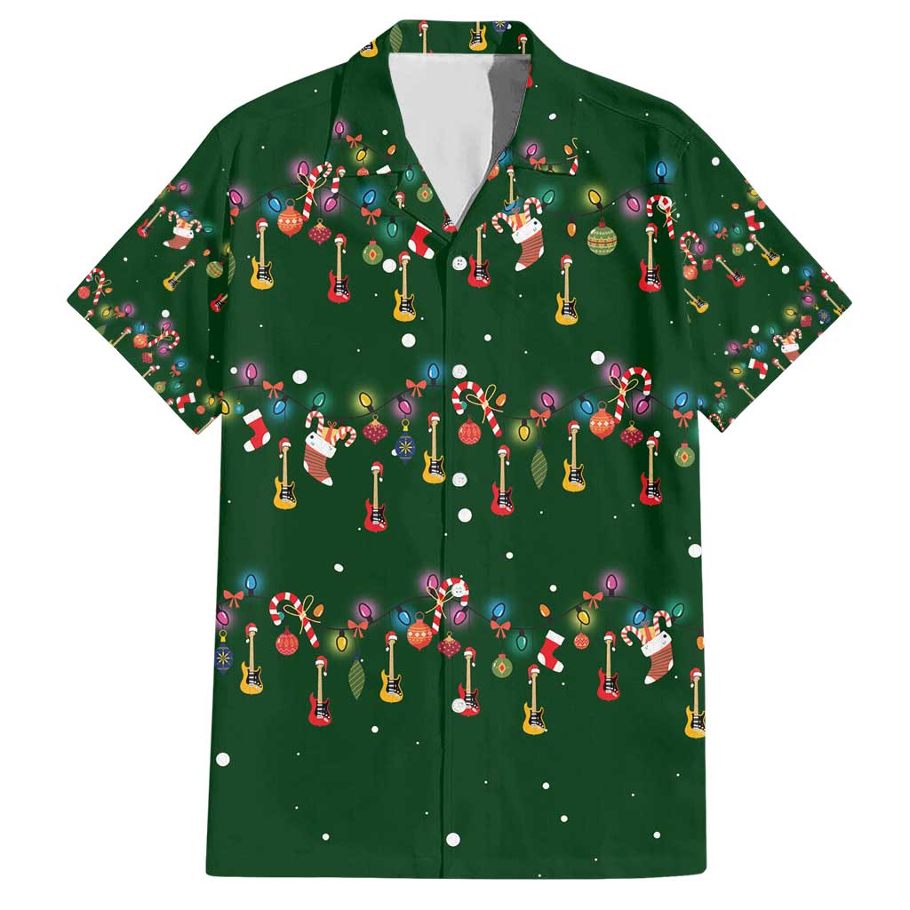 Ornaments on Green Snowy Background Hawaiian Shirt with Electric Guitars Santa Candy Canes - Wonder Print Shop