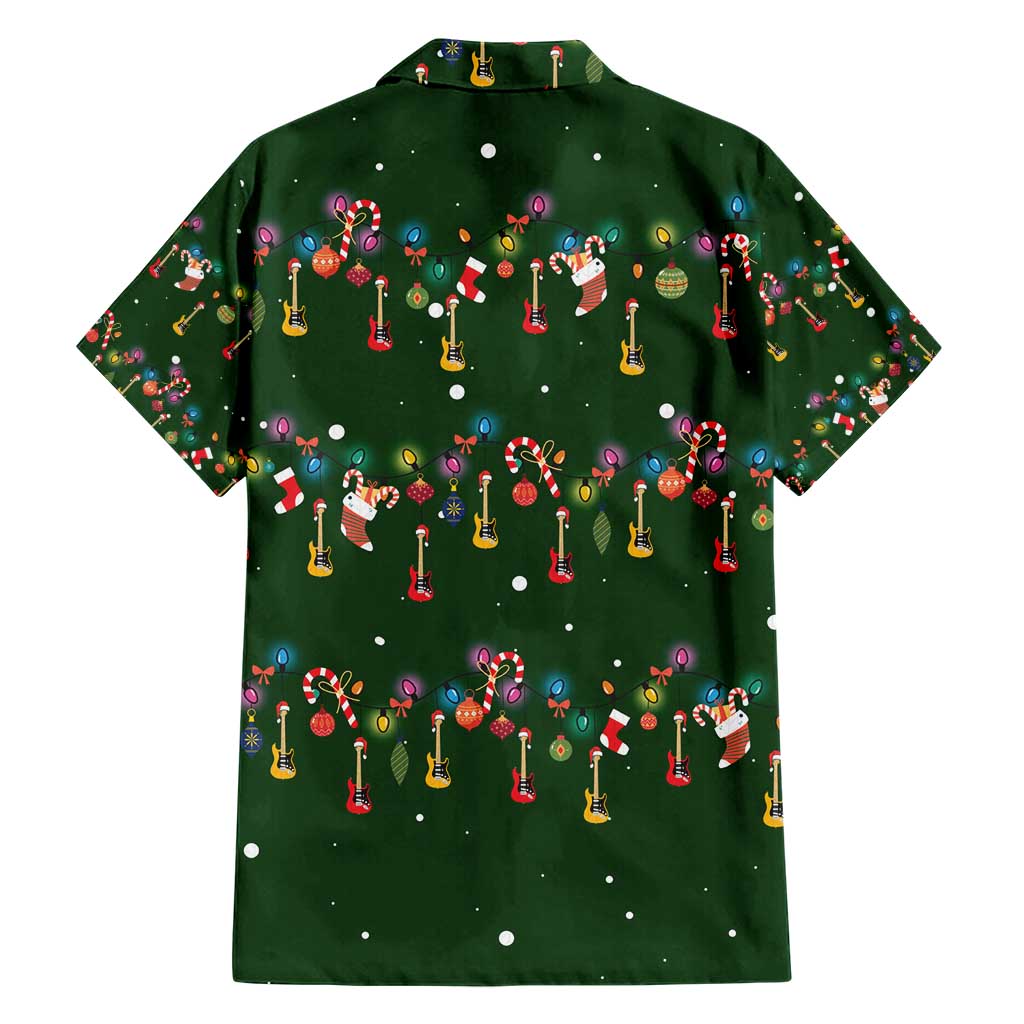 Ornaments on Green Snowy Background Hawaiian Shirt with Electric Guitars Santa Candy Canes - Wonder Print Shop