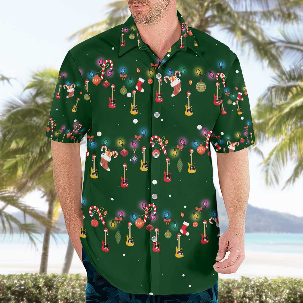 Ornaments on Green Snowy Background Hawaiian Shirt with Electric Guitars Santa Candy Canes - Wonder Print Shop