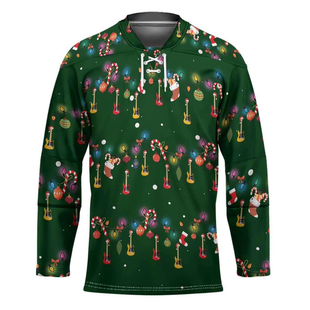 Ornaments on Green Snowy Background Hockey Jersey with Electric Guitars Santa Candy Canes - Wonder Print Shop
