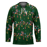 Ornaments on Green Snowy Background Hockey Jersey with Electric Guitars Santa Candy Canes - Wonder Print Shop