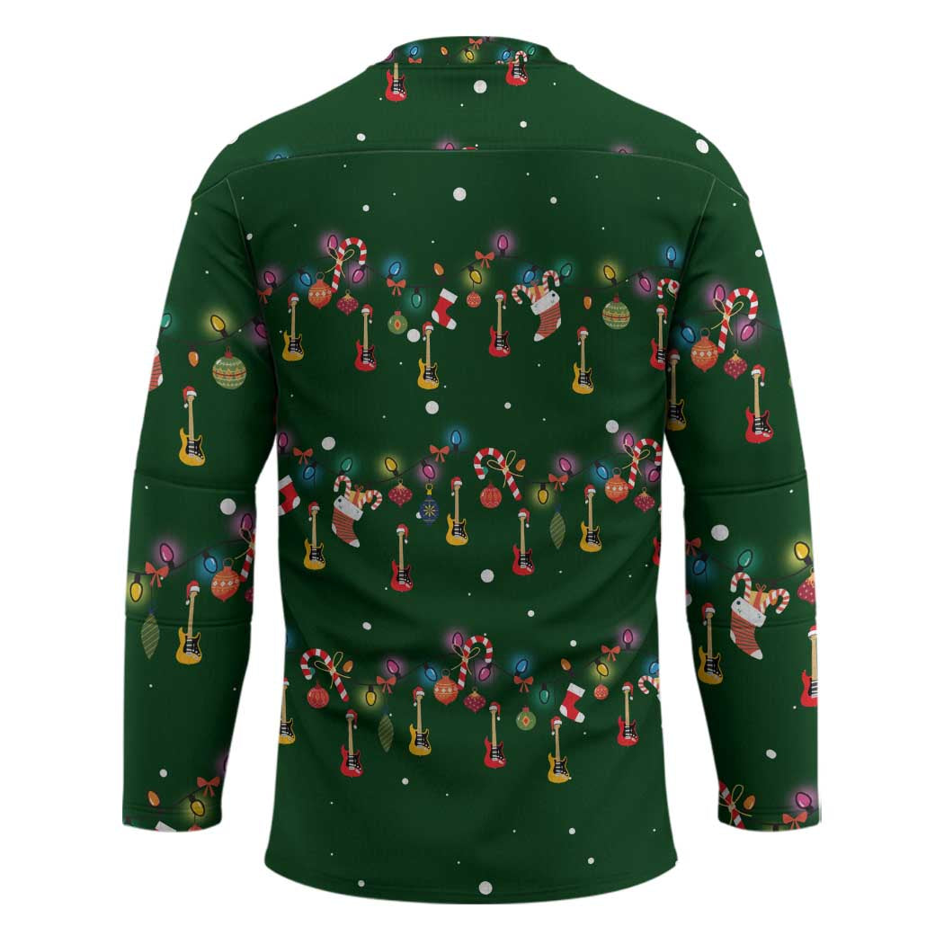 Ornaments on Green Snowy Background Hockey Jersey with Electric Guitars Santa Candy Canes - Wonder Print Shop