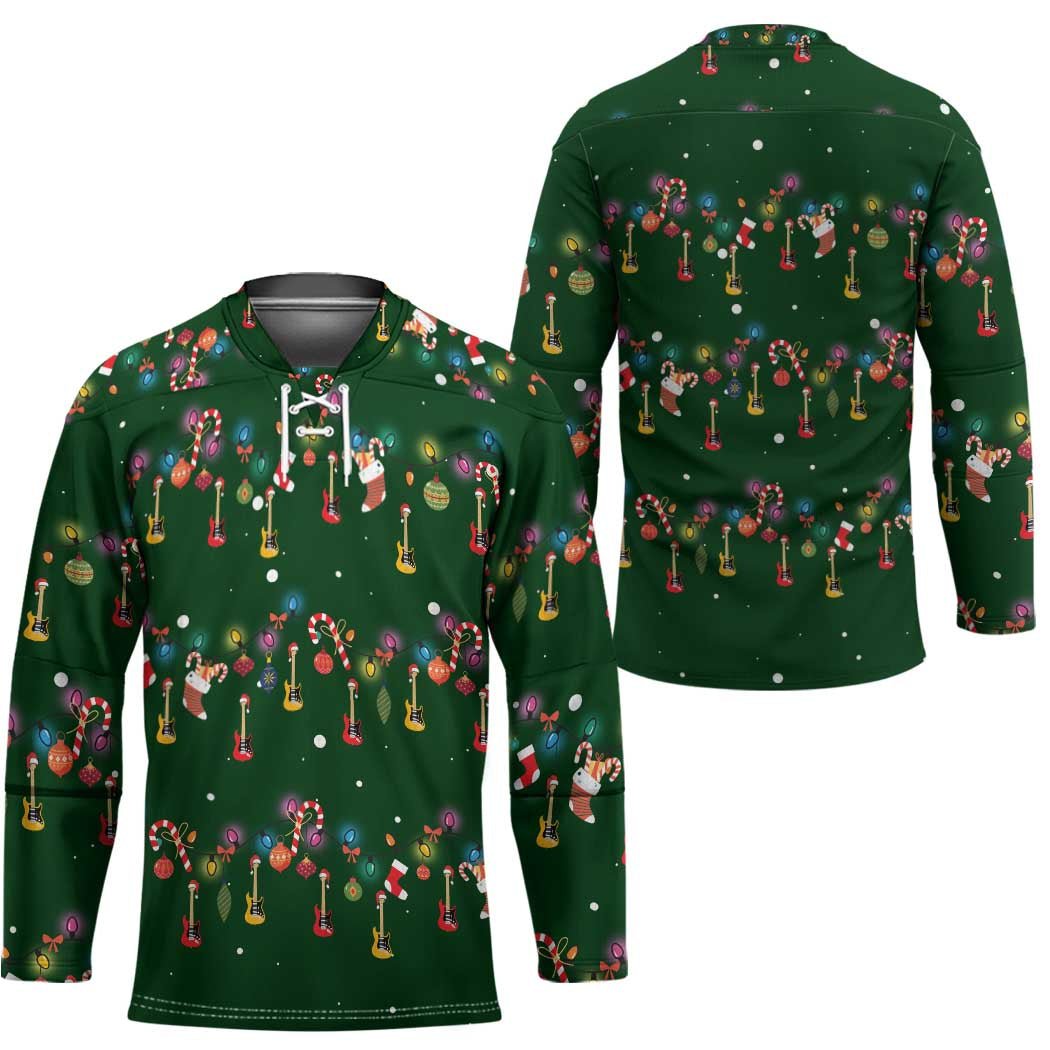 Ornaments on Green Snowy Background Hockey Jersey with Electric Guitars Santa Candy Canes - Wonder Print Shop