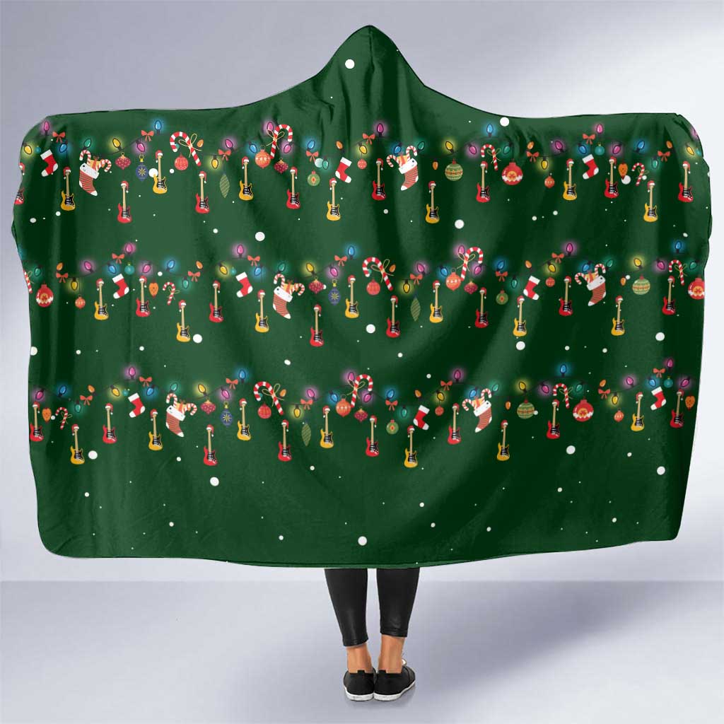 Ornaments on Green Snowy Background Hooded Blanket with Electric Guitars Santa Candy Canes - Wonder Print Shop