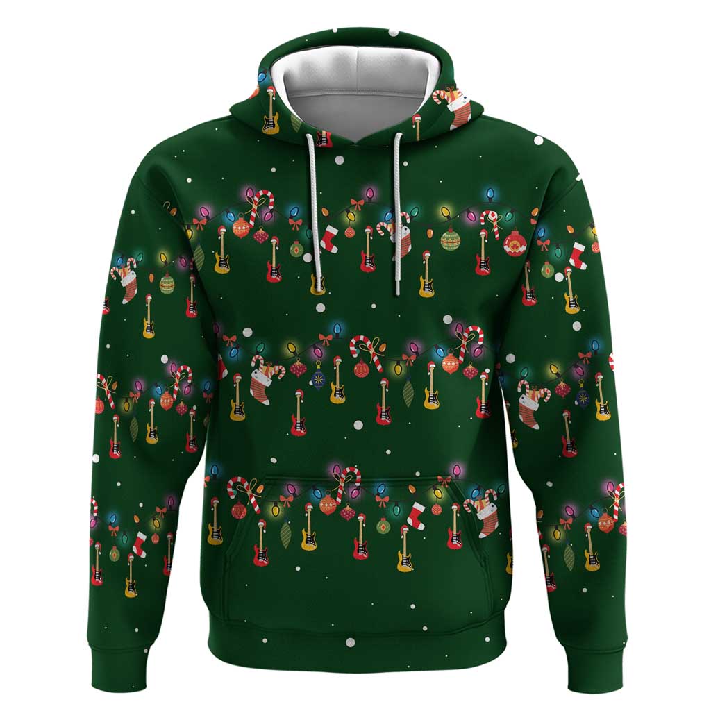 Ornaments on Green Snowy Background Hoodie with Electric Guitars Santa Candy Canes - Wonder Print Shop