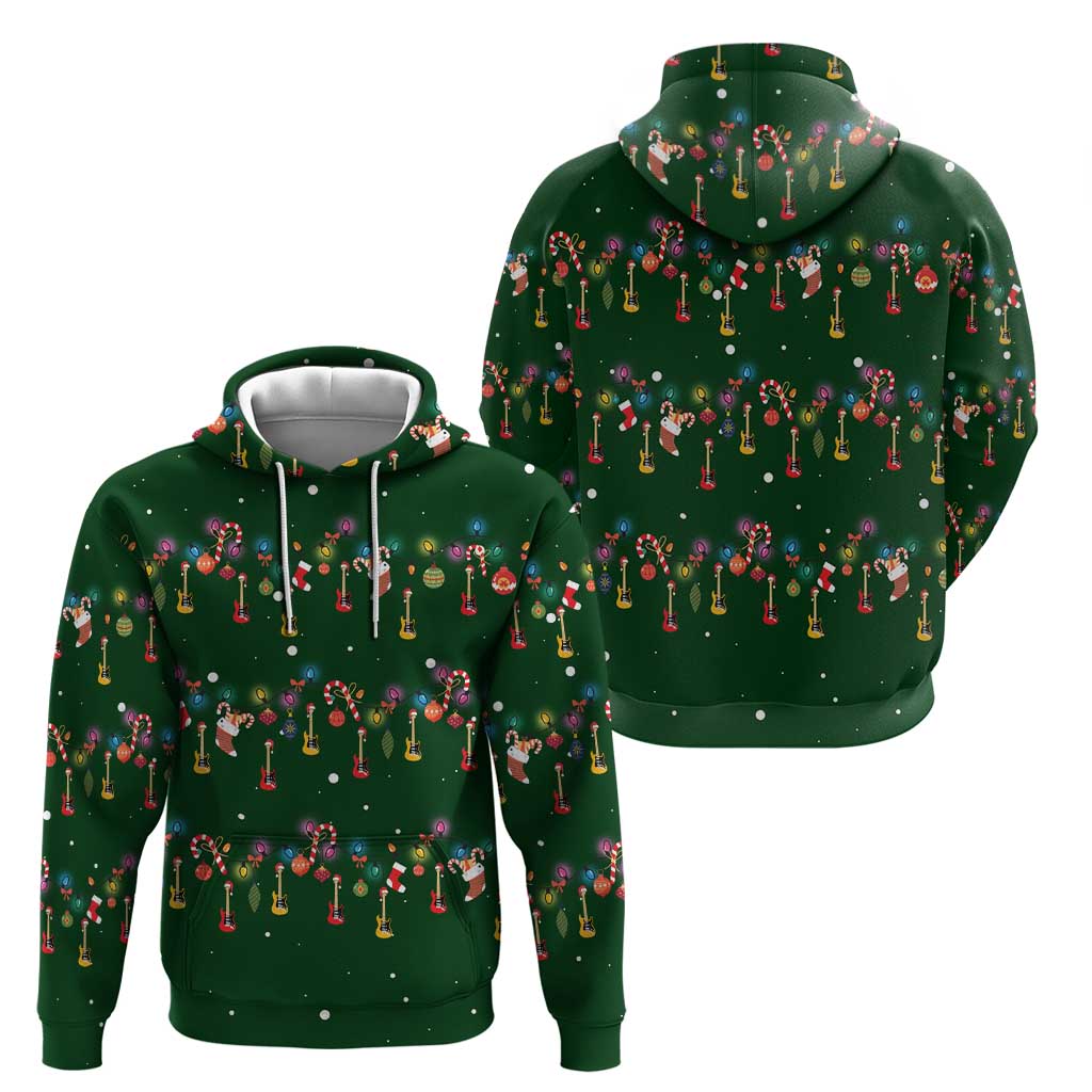Ornaments on Green Snowy Background Hoodie with Electric Guitars Santa Candy Canes - Wonder Print Shop