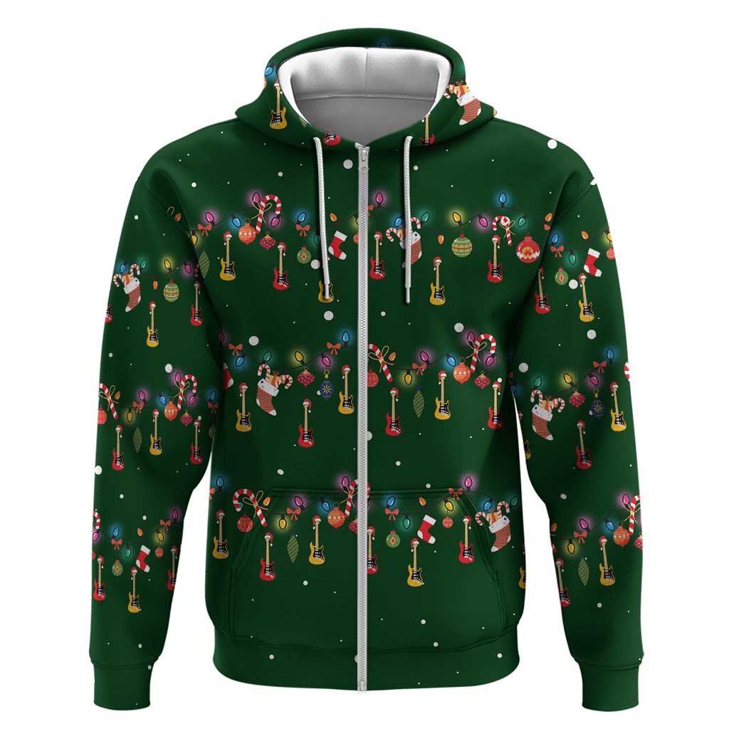 Ornaments on Green Snowy Background Hoodie with Electric Guitars Santa Candy Canes - Wonder Print Shop