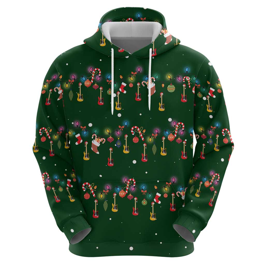 Ornaments on Green Snowy Background Hoodie with Electric Guitars Santa Candy Canes - Wonder Print Shop