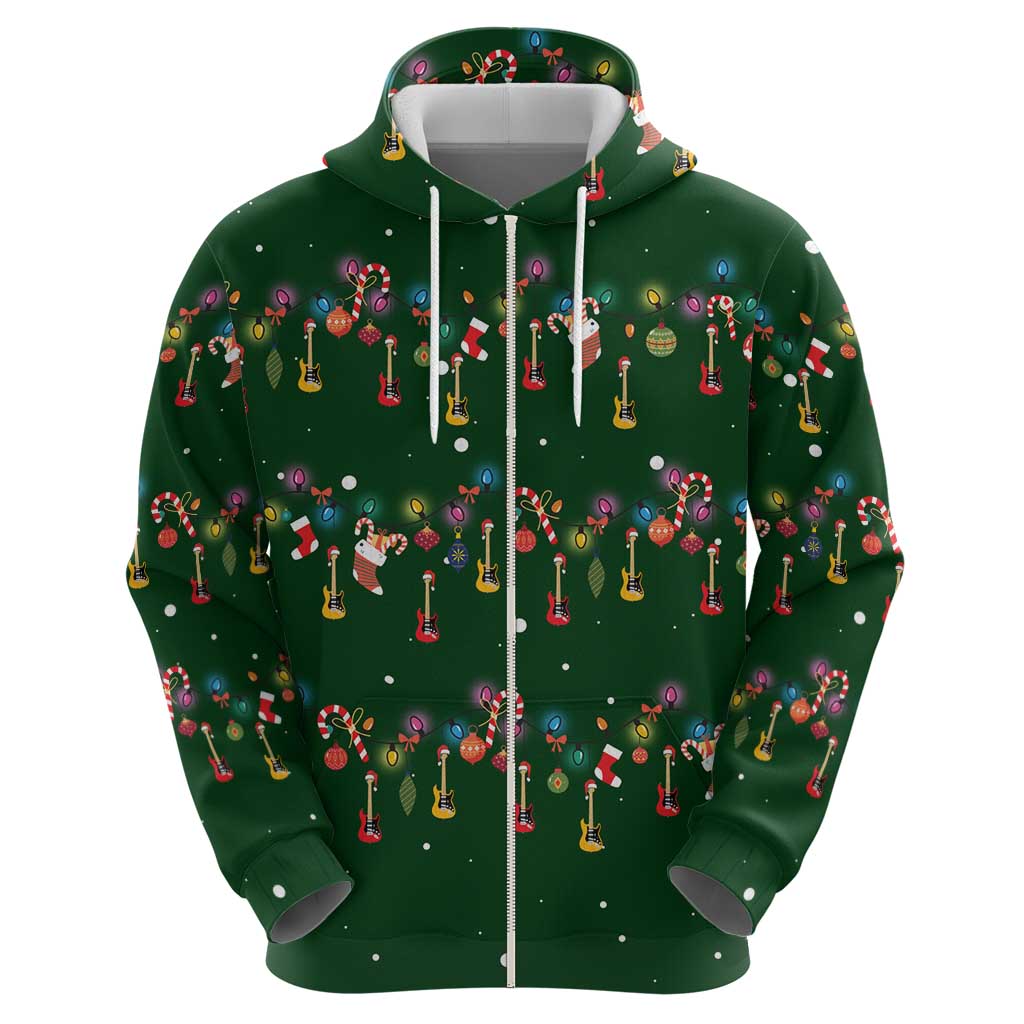 Ornaments on Green Snowy Background Hoodie with Electric Guitars Santa Candy Canes - Wonder Print Shop