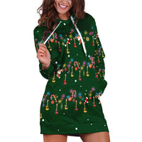Ornaments on Green Snowy Background Hoodie Dress with Electric Guitars Santa Candy Canes - Wonder Print Shop