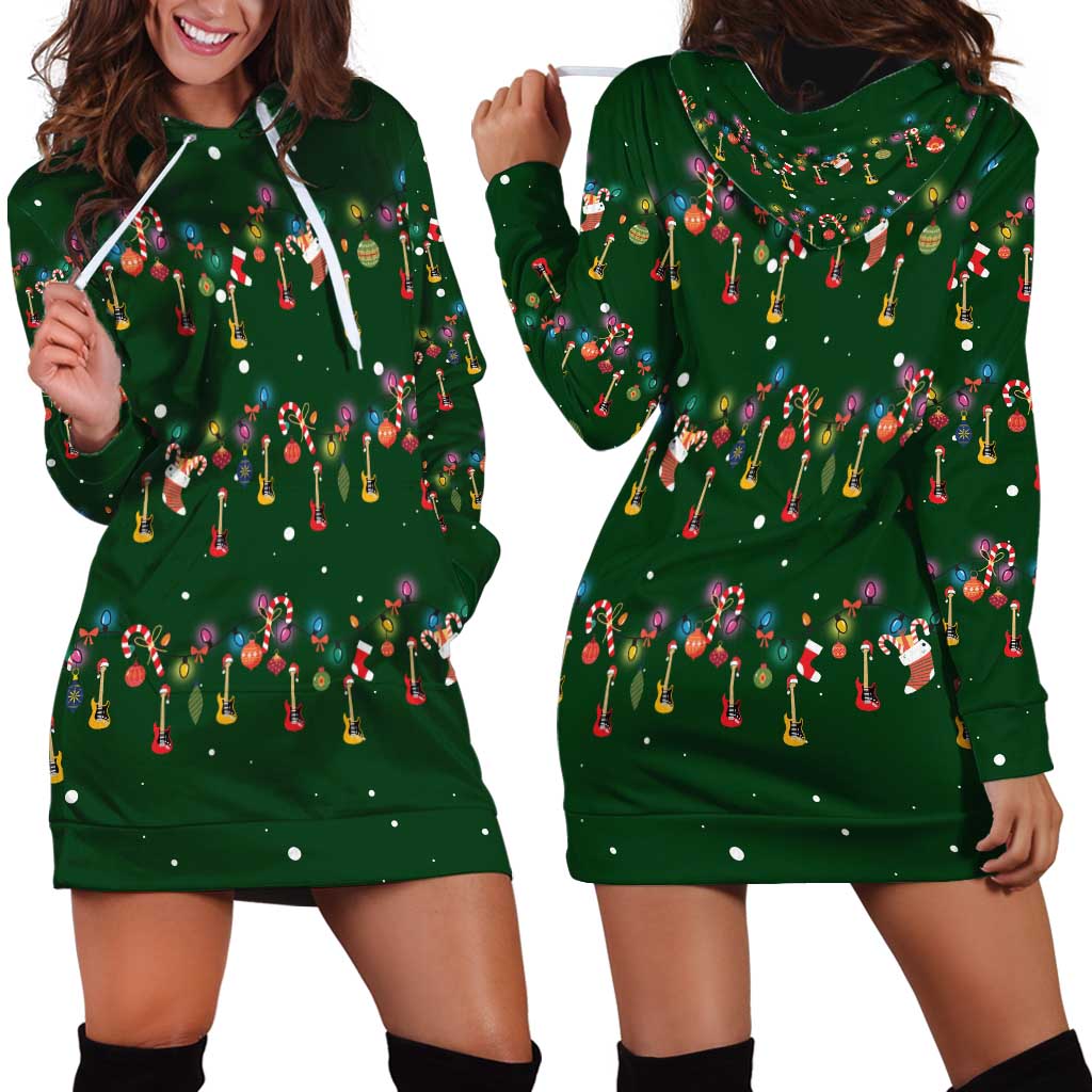 Ornaments on Green Snowy Background Hoodie Dress with Electric Guitars Santa Candy Canes - Wonder Print Shop