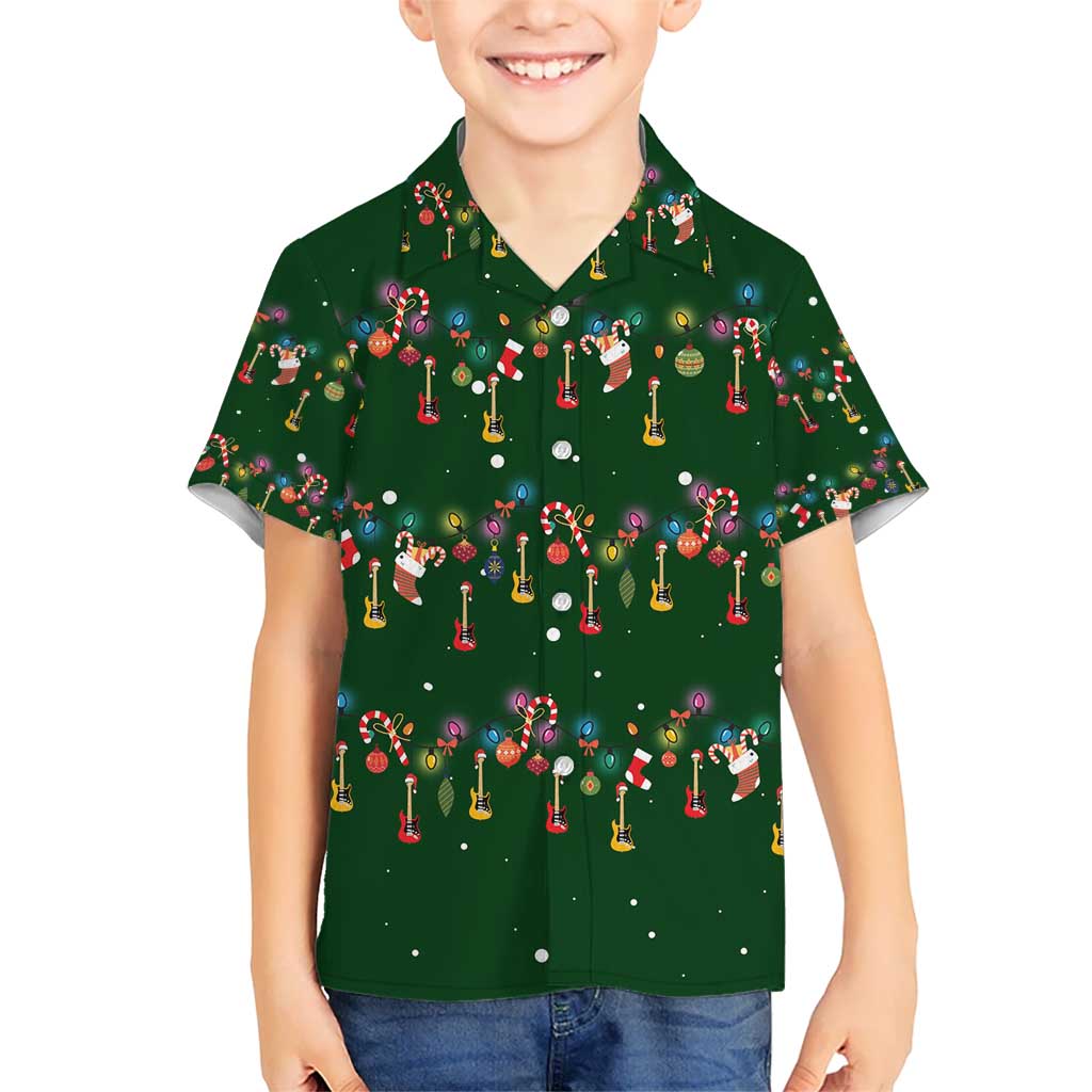 Ornaments on Green Snowy Background Kid Hawaiian Shirt with Electric Guitars Santa Candy Canes - Wonder Print Shop