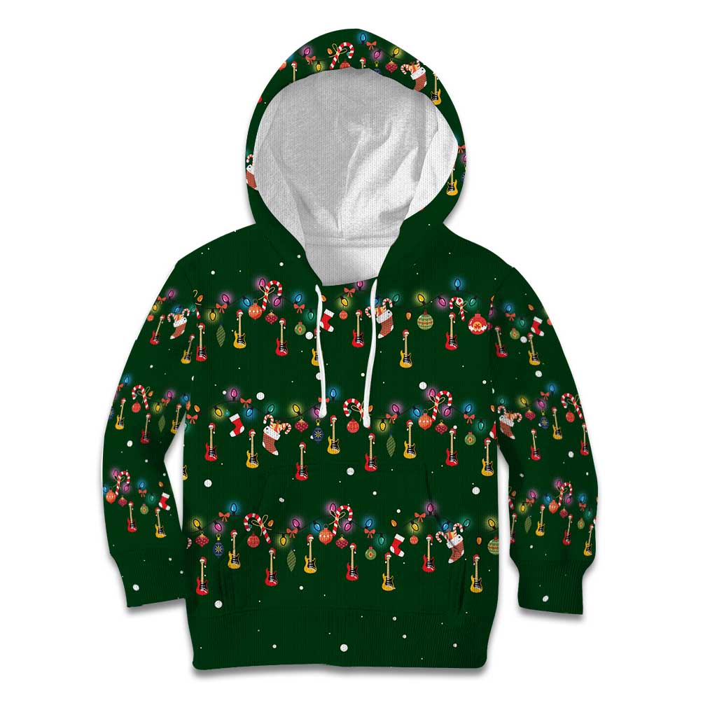 Ornaments on Green Snowy Background Kid Hoodie with Electric Guitars Santa Candy Canes - Wonder Print Shop