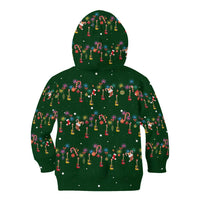Ornaments on Green Snowy Background Kid Hoodie with Electric Guitars Santa Candy Canes - Wonder Print Shop