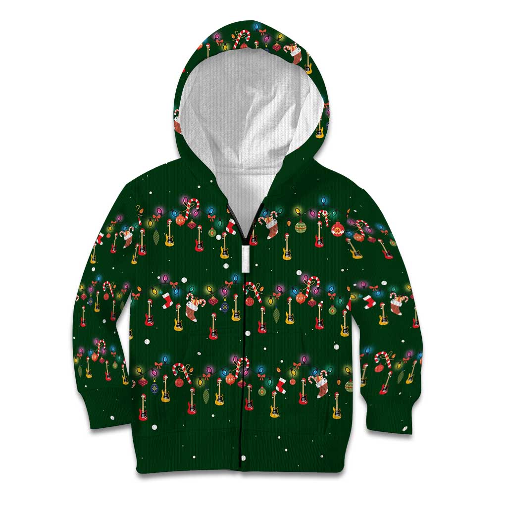 Ornaments on Green Snowy Background Kid Hoodie with Electric Guitars Santa Candy Canes - Wonder Print Shop