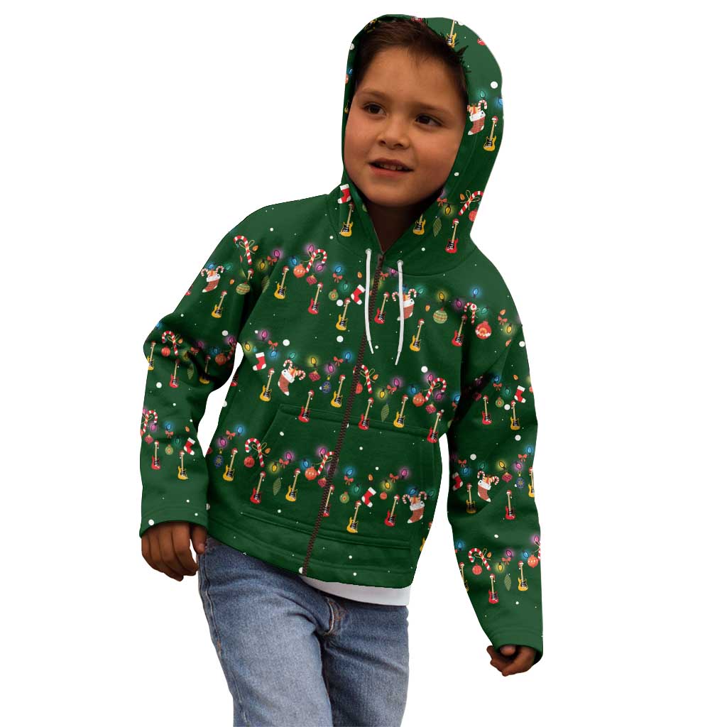 Ornaments on Green Snowy Background Kid Hoodie with Electric Guitars Santa Candy Canes - Wonder Print Shop