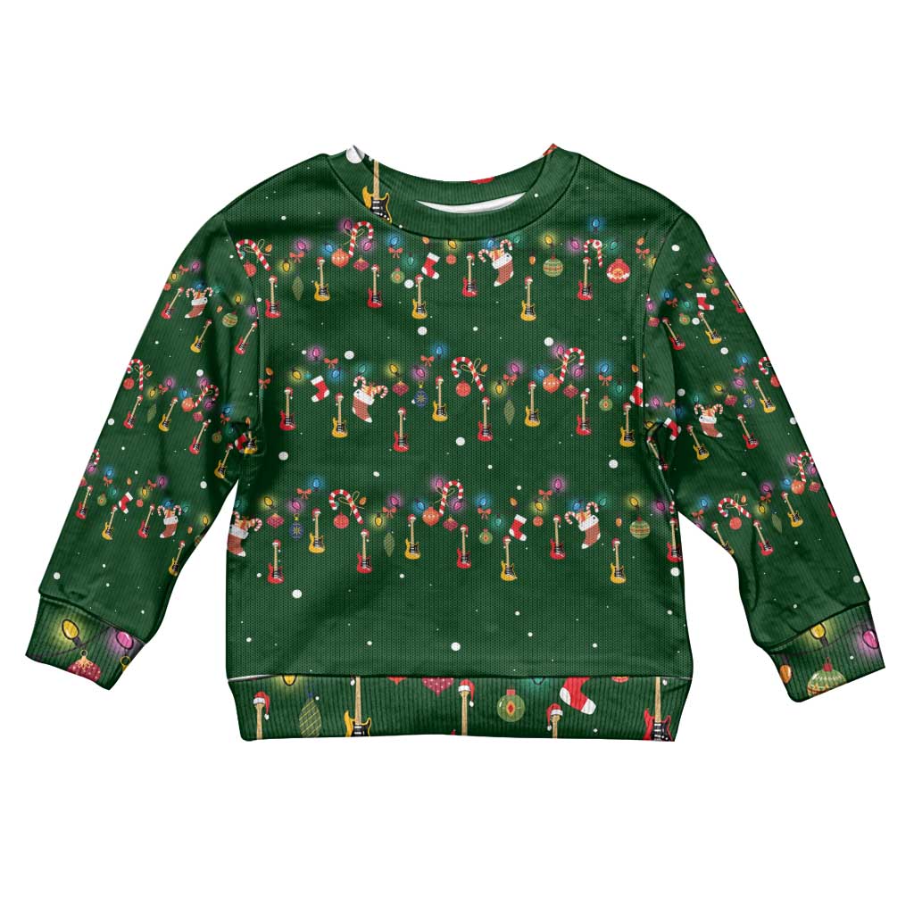 Ornaments on Green Snowy Background Kid Ugly Christmas Sweater with Electric Guitars Santa Candy Canes - Wonder Print Shop