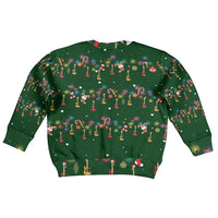 Ornaments on Green Snowy Background Kid Ugly Christmas Sweater with Electric Guitars Santa Candy Canes - Wonder Print Shop
