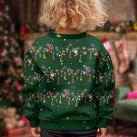 Ornaments on Green Snowy Background Kid Ugly Christmas Sweater with Electric Guitars Santa Candy Canes - Wonder Print Shop