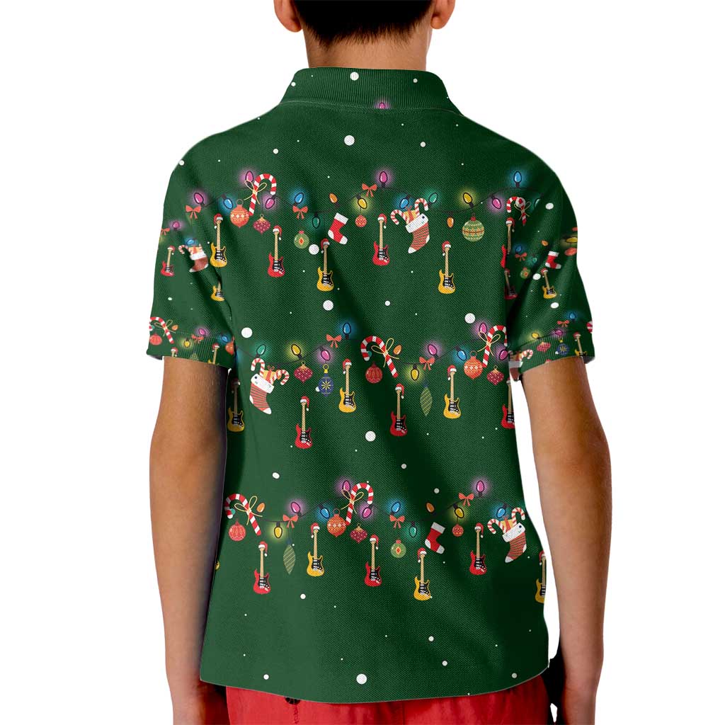 Ornaments on Green Snowy Background Kid Polo Shirt with Electric Guitars Santa Candy Canes - Wonder Print Shop