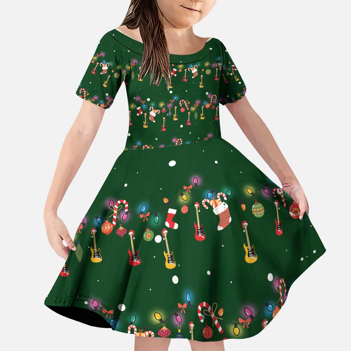 Ornaments on Green Snowy Background Kid Short Sleeve Dress with Electric Guitars Santa Candy Canes - Wonder Print Shop