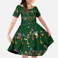 Ornaments on Green Snowy Background Kid Short Sleeve Dress with Electric Guitars Santa Candy Canes - Wonder Print Shop