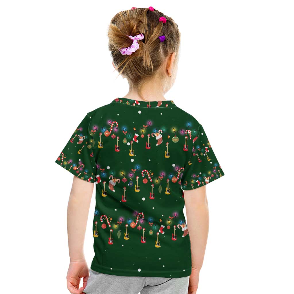 Ornaments on Green Snowy Background Kid T Shirt with Electric Guitars Santa Candy Canes - Wonder Print Shop