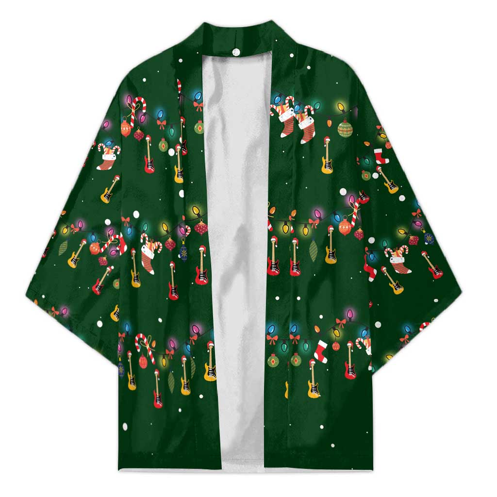 Ornaments on Green Snowy Background Kimono with Electric Guitars Santa Candy Canes - Wonder Print Shop