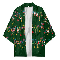 Ornaments on Green Snowy Background Kimono with Electric Guitars Santa Candy Canes - Wonder Print Shop