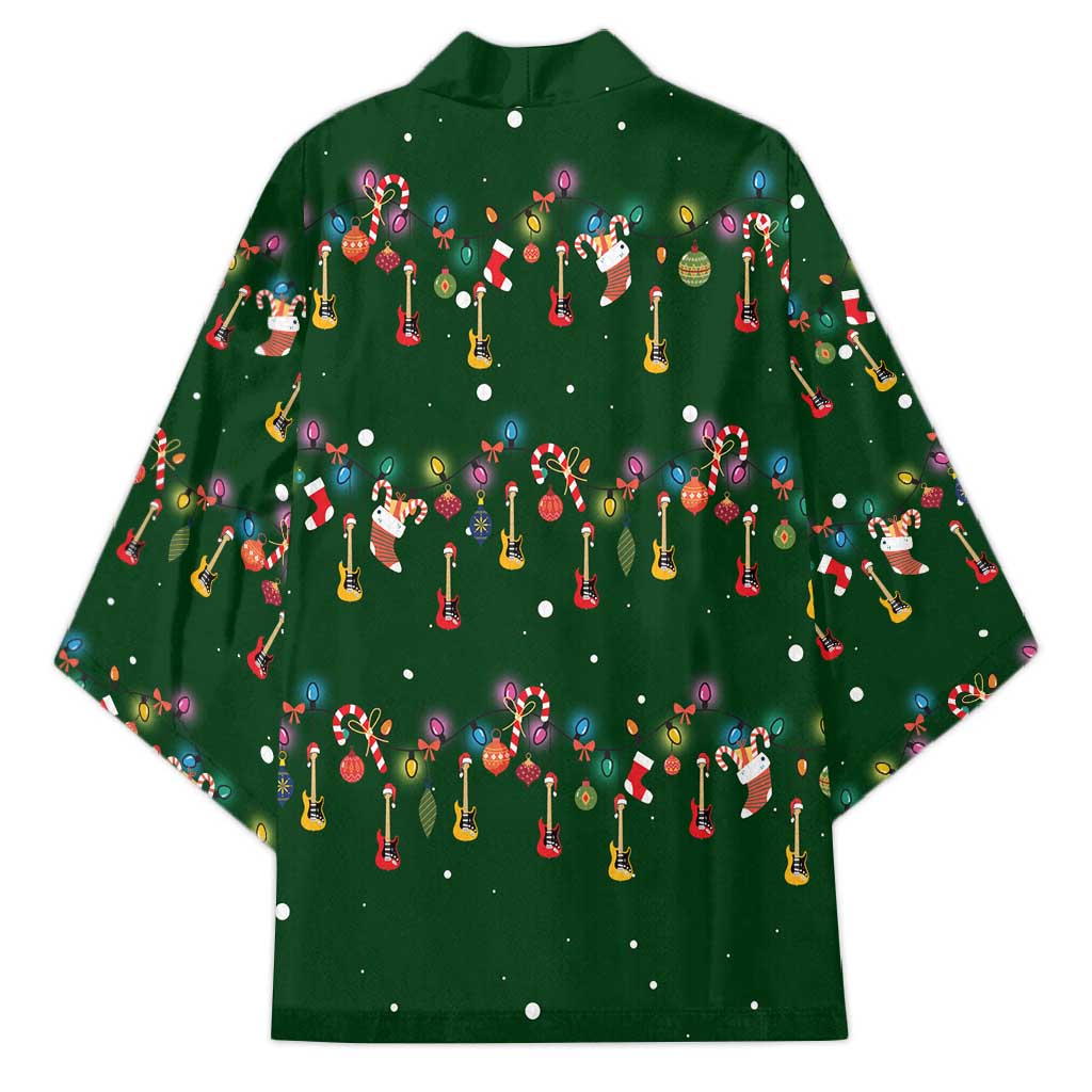 Ornaments on Green Snowy Background Kimono with Electric Guitars Santa Candy Canes - Wonder Print Shop
