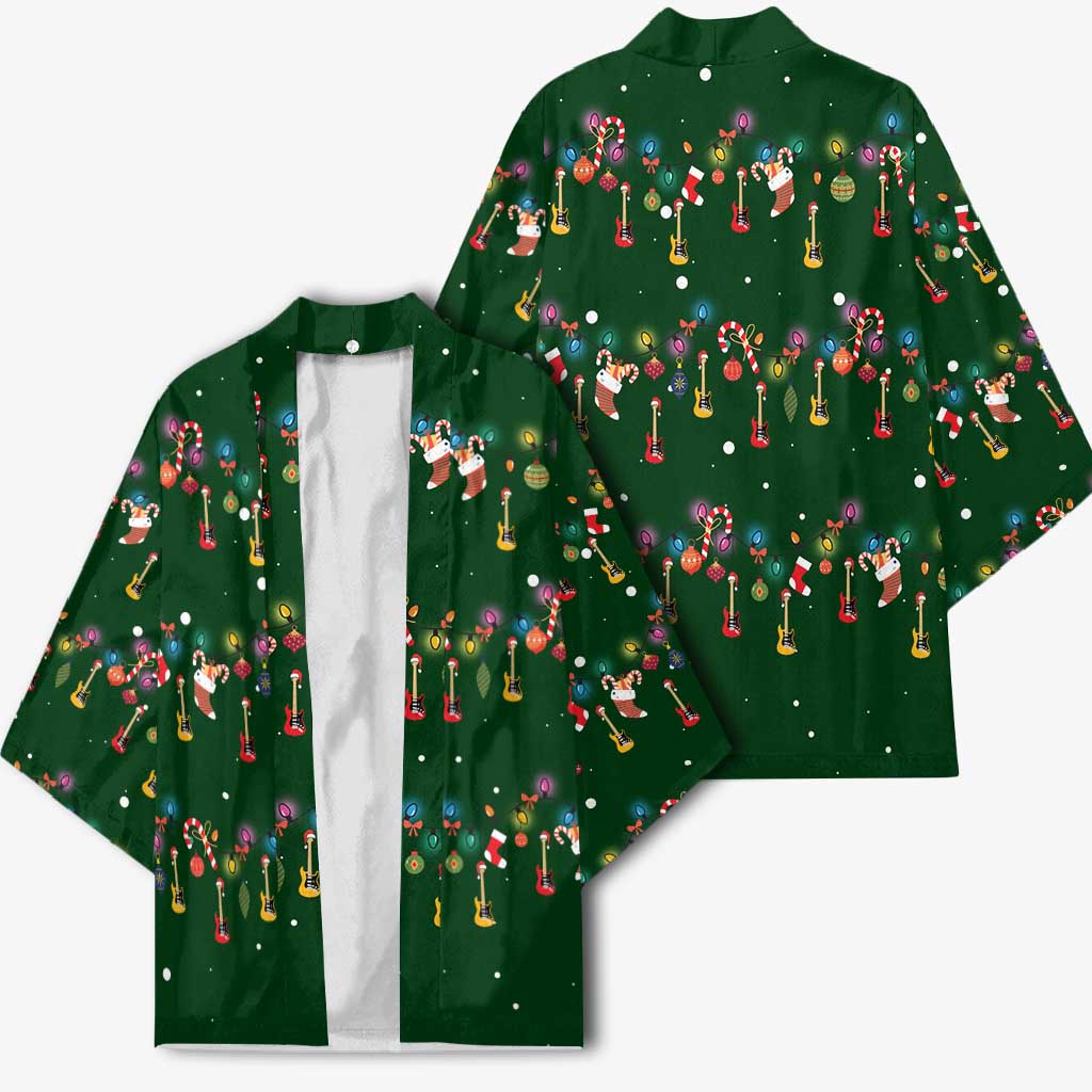 Ornaments on Green Snowy Background Kimono with Electric Guitars Santa Candy Canes - Wonder Print Shop