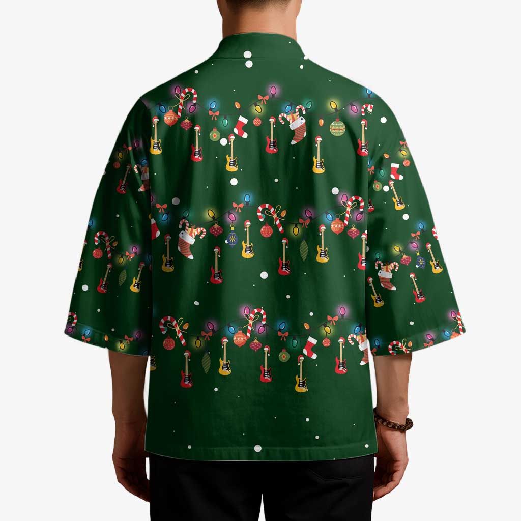 Ornaments on Green Snowy Background Kimono with Electric Guitars Santa Candy Canes - Wonder Print Shop