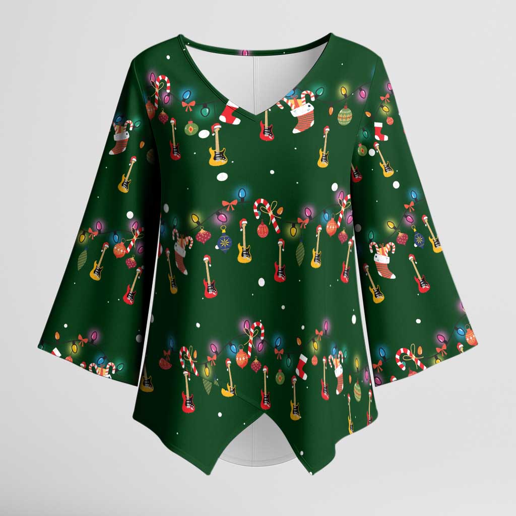 Ornaments on Green Snowy Background Kimono Sleeve Blouse with Electric Guitars Santa Candy Canes - Wonder Print Shop