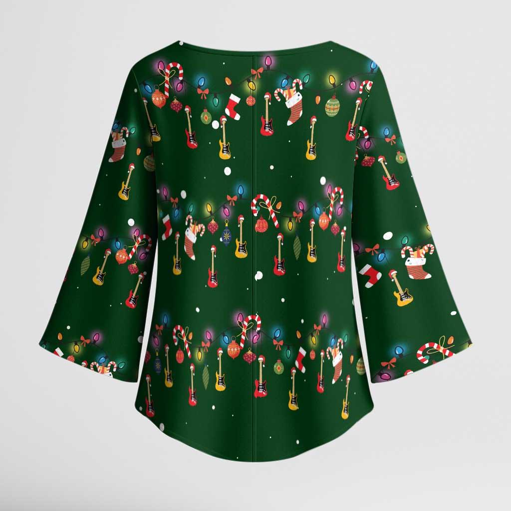 Ornaments on Green Snowy Background Kimono Sleeve Blouse with Electric Guitars Santa Candy Canes - Wonder Print Shop