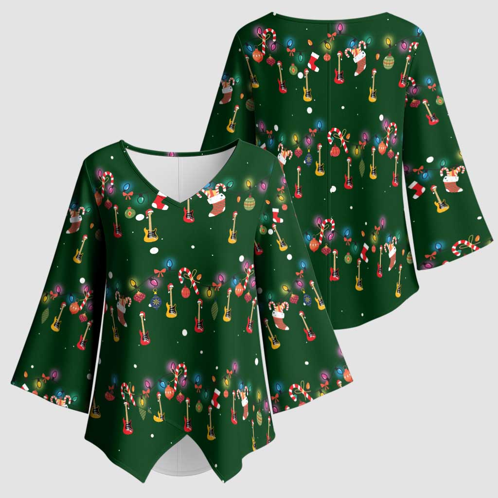 Ornaments on Green Snowy Background Kimono Sleeve Blouse with Electric Guitars Santa Candy Canes - Wonder Print Shop