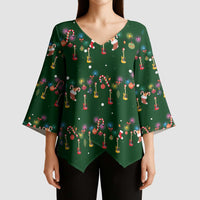 Ornaments on Green Snowy Background Kimono Sleeve Blouse with Electric Guitars Santa Candy Canes - Wonder Print Shop