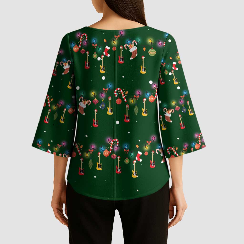 Ornaments on Green Snowy Background Kimono Sleeve Blouse with Electric Guitars Santa Candy Canes - Wonder Print Shop