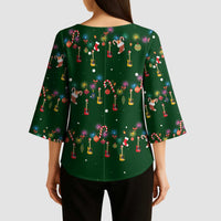 Ornaments on Green Snowy Background Kimono Sleeve Blouse with Electric Guitars Santa Candy Canes - Wonder Print Shop