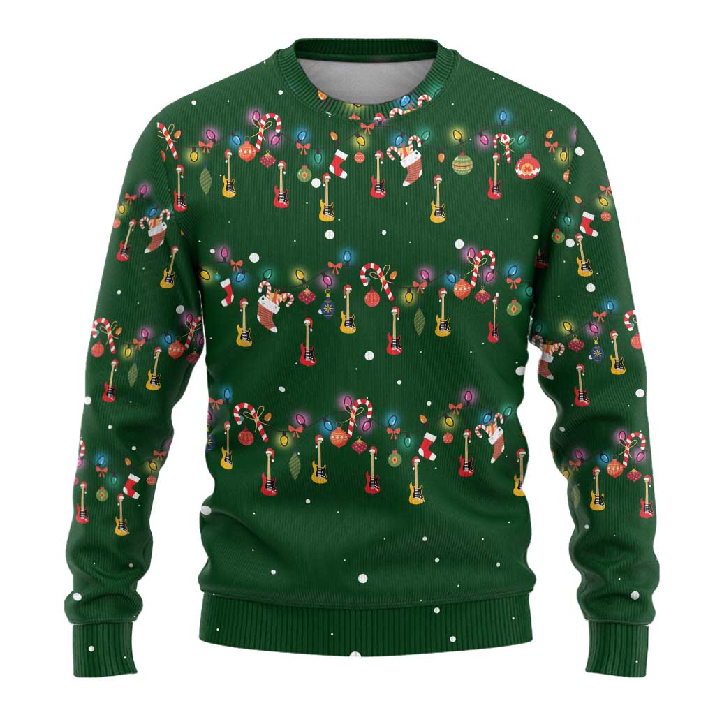 Ornaments on Green Snowy Background Ugly Christmas Sweater with Electric Guitars Santa Candy Canes - Wonder Print Shop